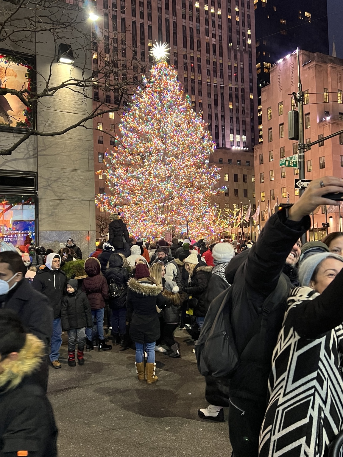 Crowd gathered around a brightly lit holiday tree